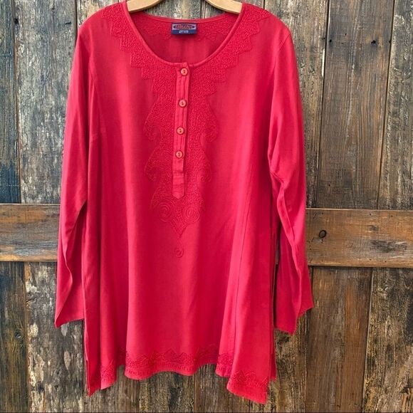 Fabulous Tomato Red Henley BOHO Relaxed Oversized Embroidered Long Sleeve Tunic - Picture 2 of 12